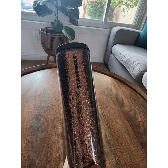 2018 Starbucks Travel Tumbler Cup Bronze Sparkle Glitter Acrylic Holiday 16oz - Picture 1 of 4